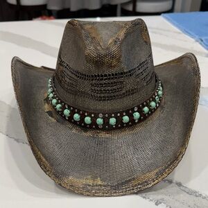 Rustic Brown Cowboy Hat with Turquoise Beads